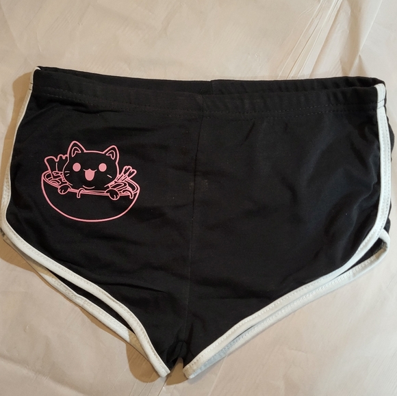 Womens Black Ramen Cat Shorts - Picture 1 of 3
